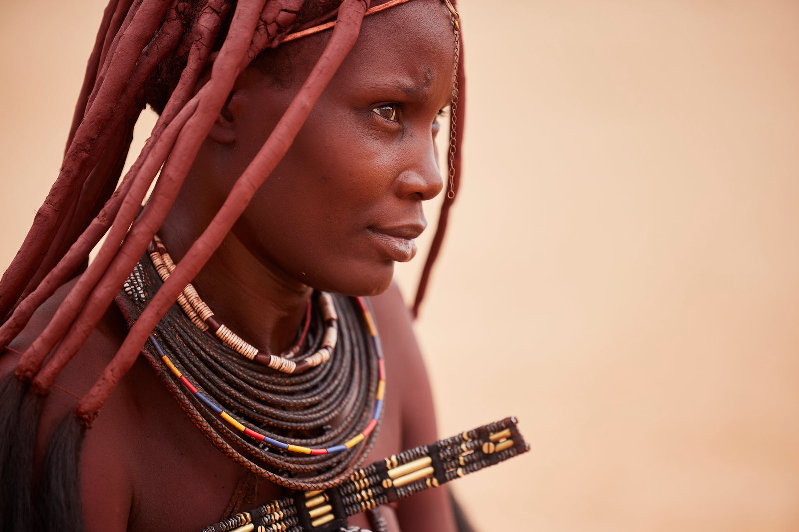Profile portrait of a young Himba woman with ochre-coated braids, layered copper and beaded necklaces