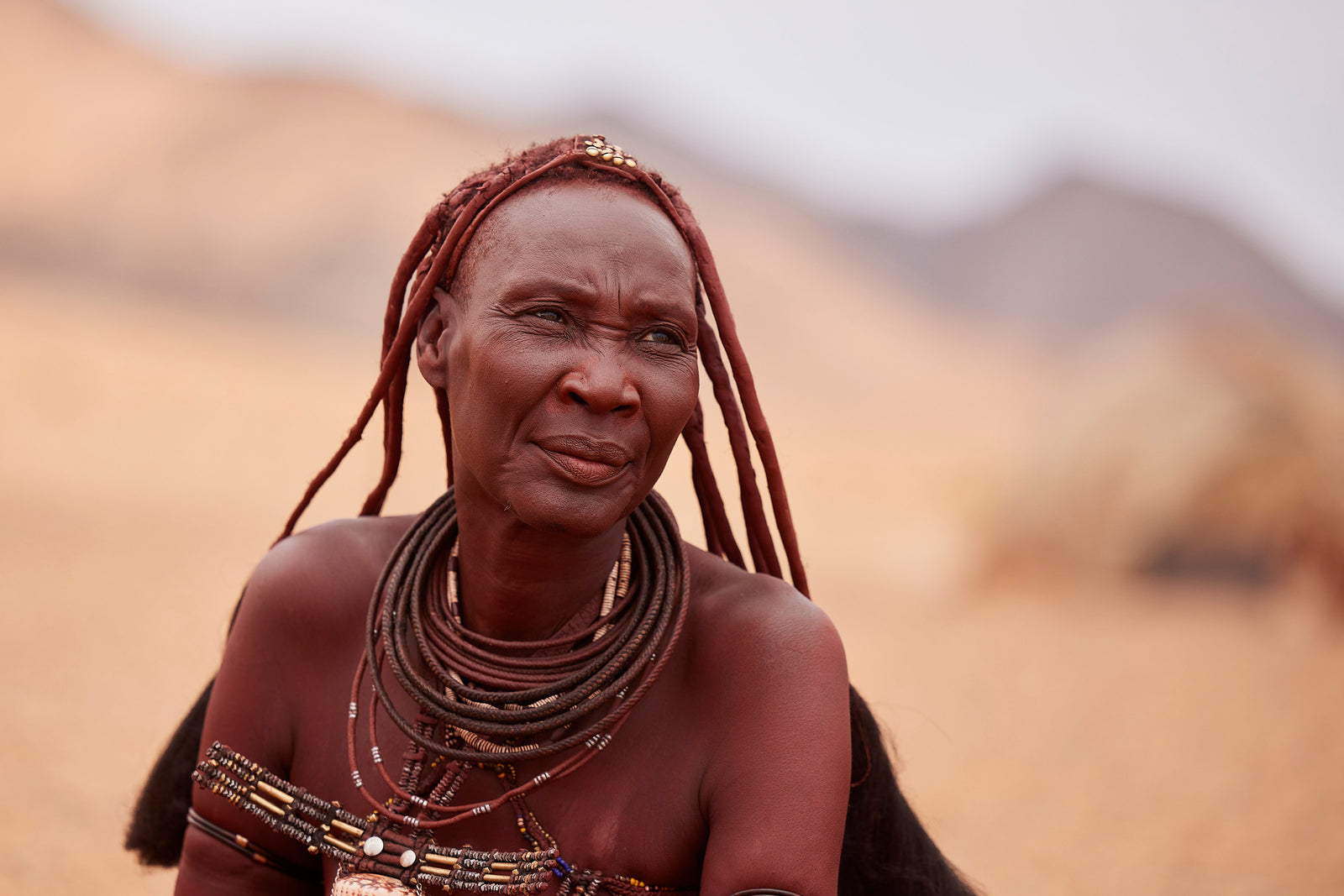 Portrait of an elder Himba woman gazing into the distance, ochre braids and layered necklaces, desert hills behind